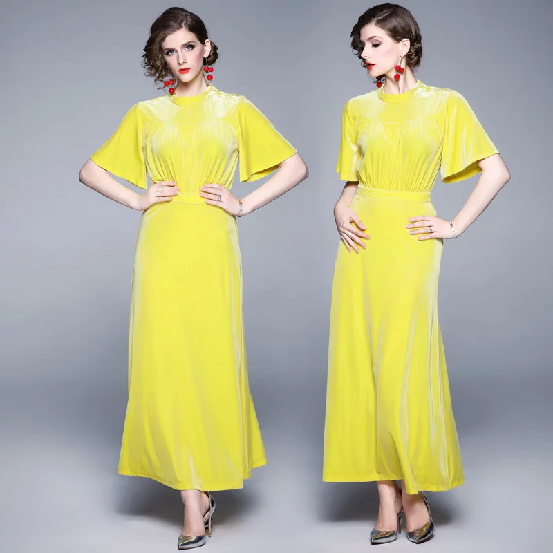 

Europe And America New Style WOMEN'S Dress Retro Elegant Small Stand Collar Velvet Short Sleeve Dress Banquet A- type Long
