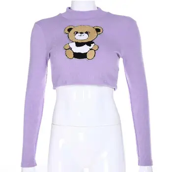 

Bear Half High Collar Embroidered Navel Slim Long Sleeve T-Shirt