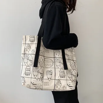 

Bags Women Casual Totes Canvas Shoulder Bag Casual Fashion 2020 New White Cartoon Printing Shopping Vacation Summer Ladies