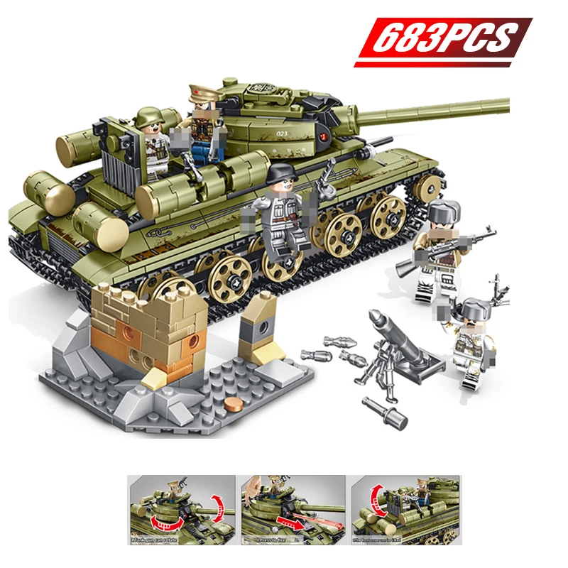 

683PCS Soviet Russia T34 Tank Building Blocks for Legoing Weapon WW2 Military Tank Soldier Police Bricks Toys for Kids