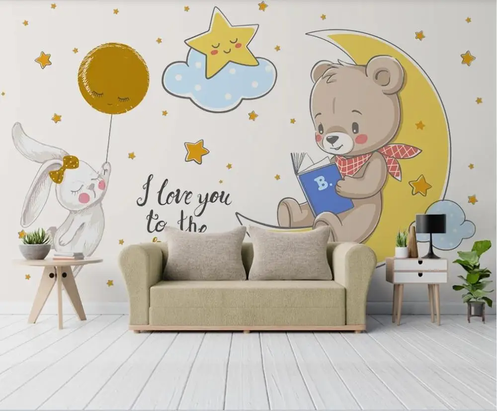 XUE SU Wall covering custom wallpaper mural simple hand-painted cartoon bear rabbit star moon children's room background wall