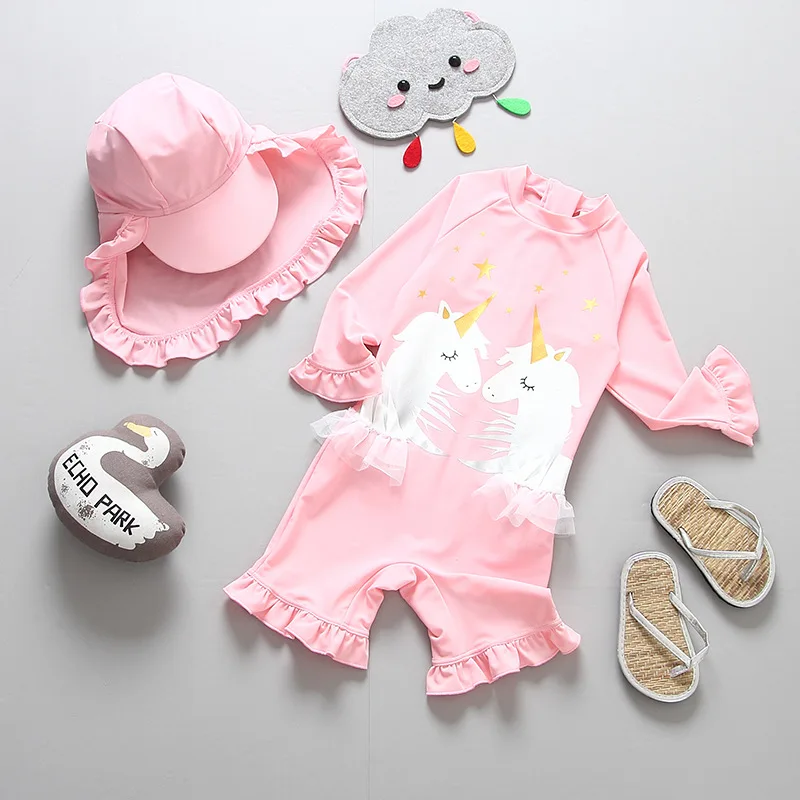 Купальный костюм для девочек 1-7 лет, Цельный купальник для девочек с единорогом, детский купальный костюм с шапкой, детский suit-SW372 для серфинга