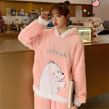 

Woman Flannel Pajamas Winter Pajama Sets Pink Cute Cartoon Animal Pajamas Thick Sleepwear Woman Casual Homewear