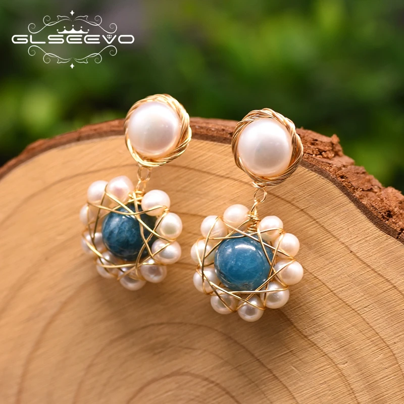 GLSEEVO натуральный пресноводный жемчуг круглые серьги с подвеской в виде цветка