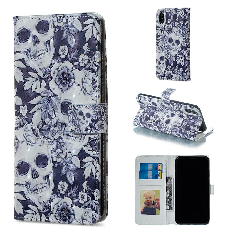 Skull Flower Кожаный бумажник чехол для телефона для samsung Galaxy S6 S7 край S8 S9 плюс S9+ S8+ S10 S10e A320 A520 A6 A8 A7 A9 цветок чехол с откидной крышкой - Цвет: Skull Flower