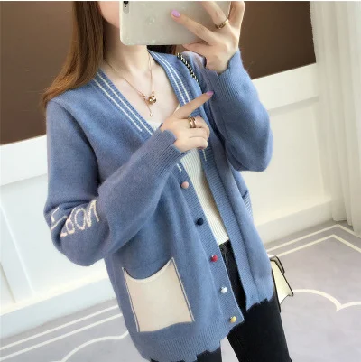 Синий New sweater women v-neck button pocket long sleeve Knitted autumn and winter loose Korean cardigan sweaters - Цвет: Синий