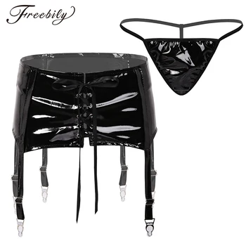 

Women Sexy Clubwear Garter Lace-up 6 Straps Garter Belt For Stockings Ladies Underwear Wet Look PVC Leather Garter With Panties