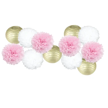 

12pcs/set Gold Silver Hanging Paper Flower Ball Lanterns Tissue Paper Pom Pom For Wedding Birthday Party Decoration Paper Crafts