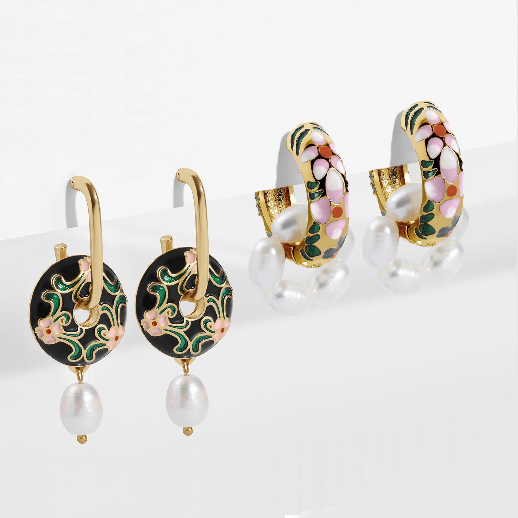 Vintage Circle Geometric Flower Huggie Drop Earrings for Women Bohemian Round Pearl Statement Drop Earrings Party Enamel Jewelry