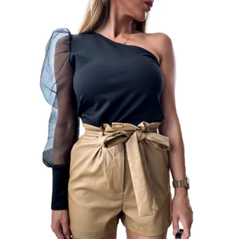 

Women Bodysuits Fashion Office Lady One Shoulder Lantern Sleeve Club Wear Bodycon Romper Jumpsuit Tops