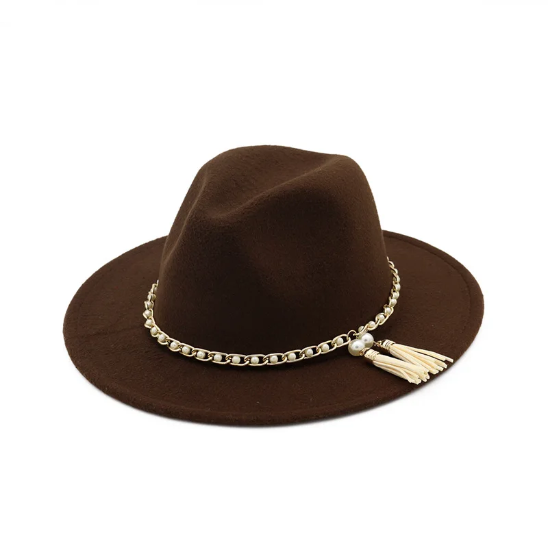 Autumn And Winter Solid color pearl brimmed hat Travel cap Fedoras jazz hat Panama hats for women and girl 54 - Цвет: coffee