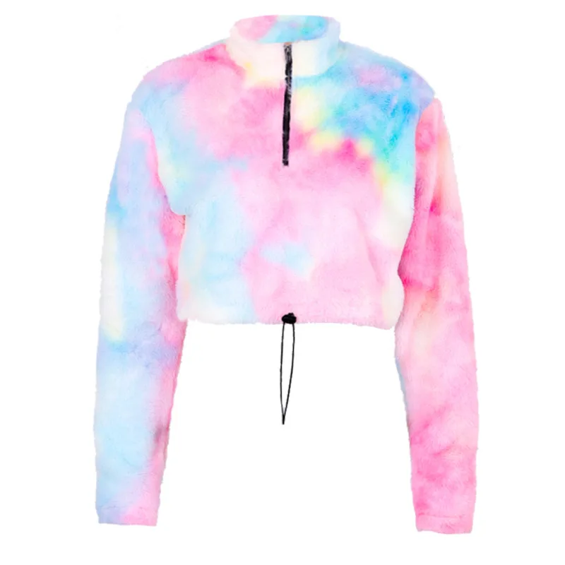 Simenual Tie Dye Faux толстовки из овечьей шерсти женские на молнии осенние модные повседневные толстовки с длинным рукавом пушистый флисовый укороченный топ