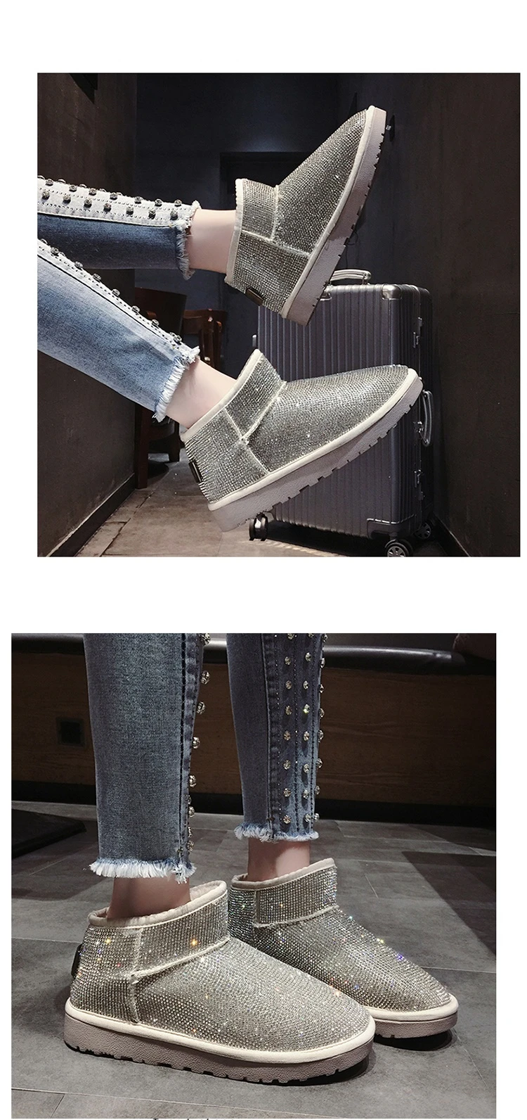 Брендовые зимние ботинки с серебряными кристаллами; женские теплые зимние ботильоны на толстой подошве; botas mujer; коллекция года; Модные ботильоны; обувь с блестящими стразами