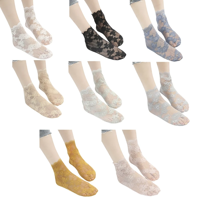 1 Pair Womenu0027s Floral Lace Fishnet Ankle Socks Cotton Stretch 