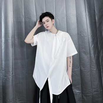 

Male Women Japan Karajuku Streetwear Loose Vintage Fashion Couple Shirts Men Ribbon Splice Short Sleeve Casual Pullover Shirt