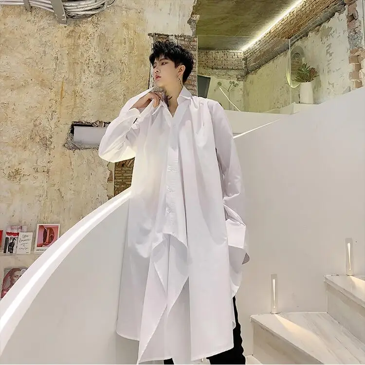 SHENGYUJIN Yamamoto style dark super long tether waist white shirt irregular loose elegant small shirt coat fashion men's shirt