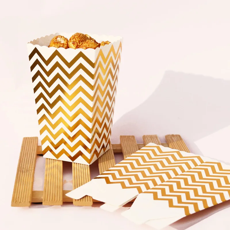 

12pcs Popcorn Box Gold Striped Dots Paper Box Party Supplies Candy Chocolate Paper Bag Wedding Food Packing Bag