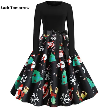 

2019 Women Elegant Vintage Print A-line Party Christmas Dress Plus Size Black Patchwork Long Sleeve Slim Casual Winter Dresses