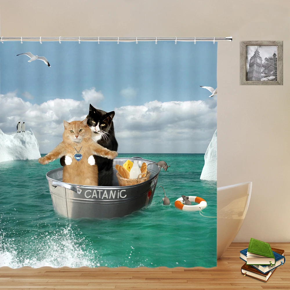 Funny Animal Shower Curtains Black Brown Cute Cat Comical Creativity