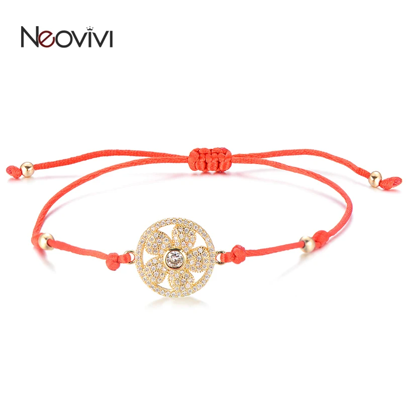 Neovivi Cute Girl Bracelet Flower CZ Charm Micro Pave Zircon Bead Black Red Rope Weaving Bracelets for Women Handcrafted Jewelry | Украшения