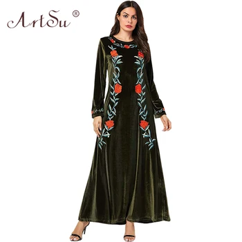 

ArtSu 2019 Floral Embroidery Retro Ethnic Maxi Dress Women Long Sleeve A-Line Winter Black Velvet Dress Blue Green Casual Dress
