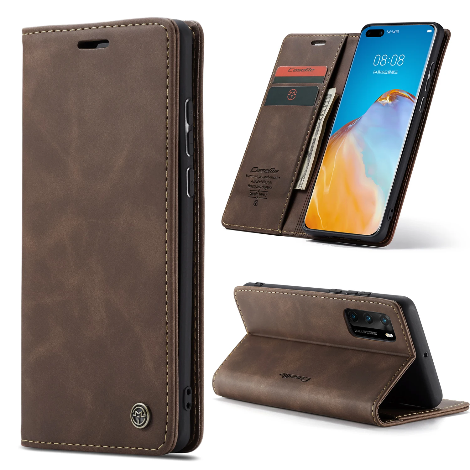 SDTEK Funda Flip Wallet Cuero Para Huawei P40 Lite E Negro