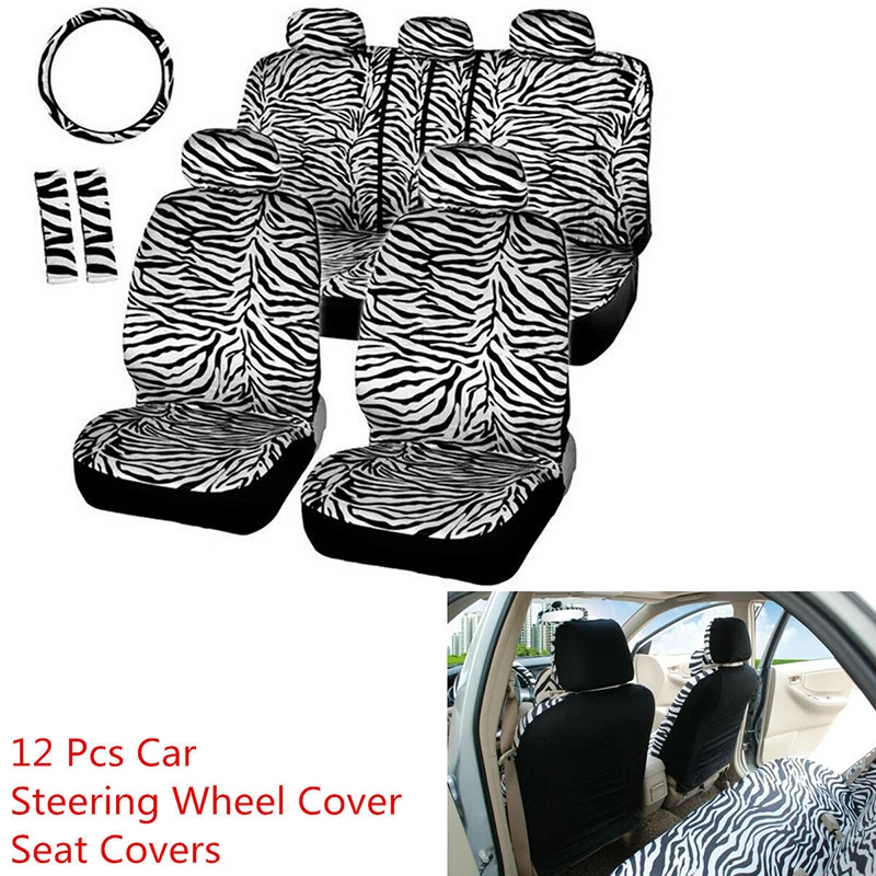 

Short Plush Luxury Zebra Seat Covers Universal Fit Most Car Seats Steering Wheel Cover Shoulder Pad White Seat Cover