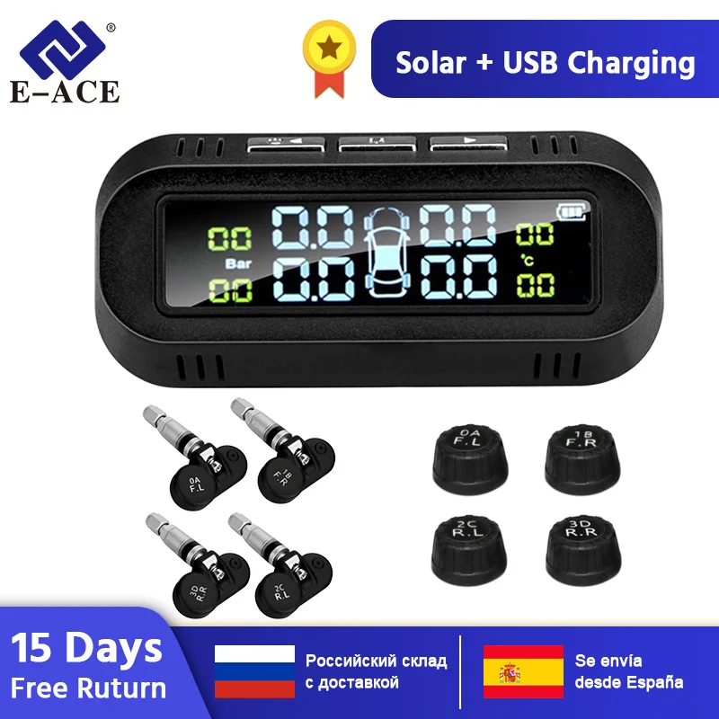 Baratos E ACE Solar TPMS con alarma de presión de neumático de coche Monitor Sistema de Visualización inteligente de la presión de los neumáticos advertencia de temperatura con 4 sensores