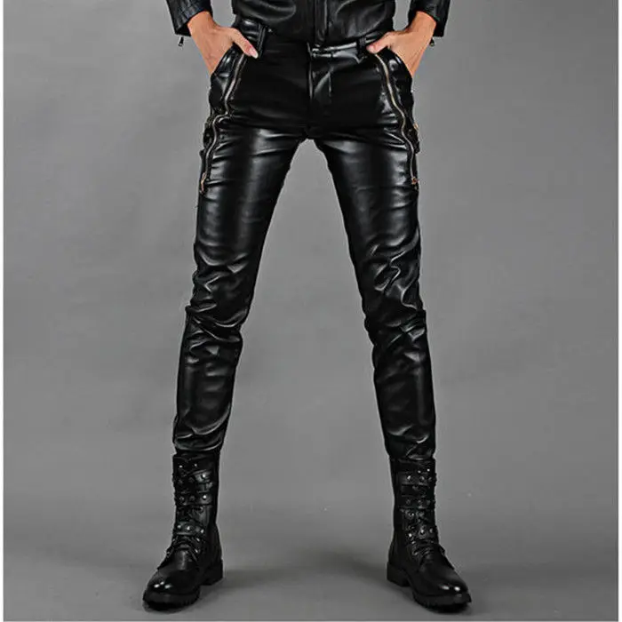Idopy Fashion Men`s Studded Faux Leather Pants Stage Performance Punk Motorcycle Biker Slim Fit PU Party Trousers For Male