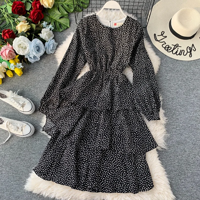 

2019 new fashion women's Long-sleeved floral dress retro temperament long section of chiffon knee
