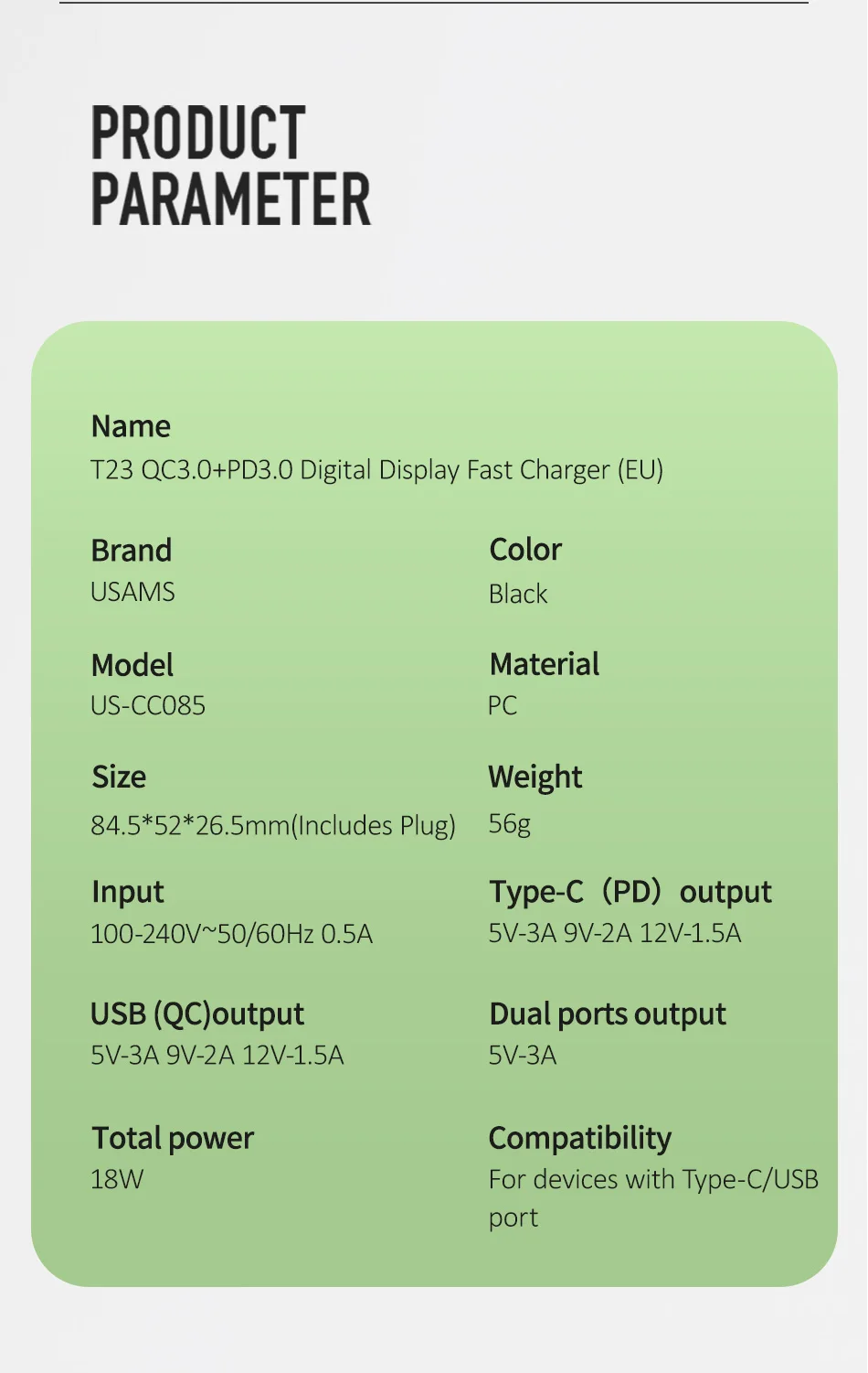 USAMS светодиодный дисплей USB зарядное устройство PD3.0 QC3.0 Быстрая зарядка США ЕС настенный адаптер для iPhone X samsung Xiaomi быстрое зарядное устройство для мобильного телефона