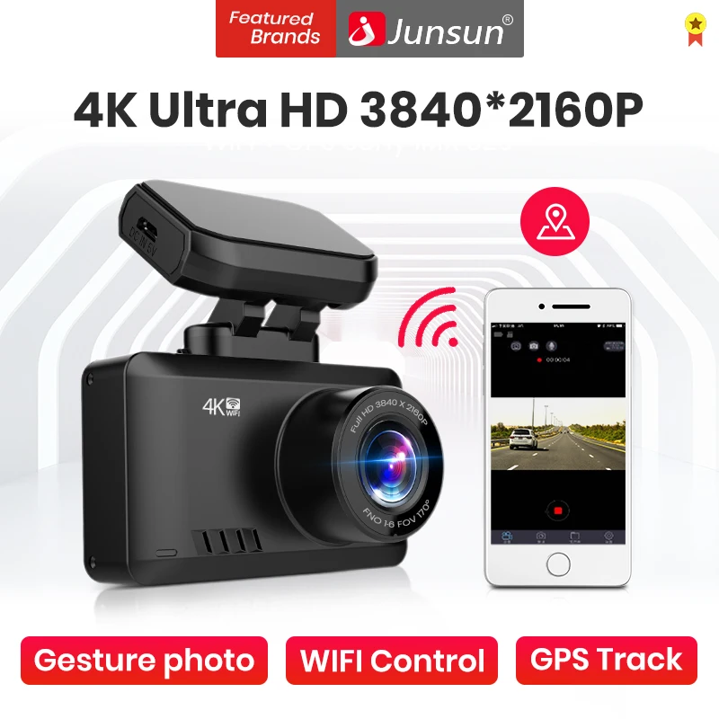 Junsun 4K Dash Cam Двойной объектив UHD Запись автомобиля Камера DVR ночное видение WDR
