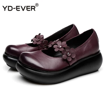 

Cowhide Flower Platform Shoes Woman Wedges Genuine Leather Shoes Retro Casual Shoes 2020 Comfort Women Shoes High Heels