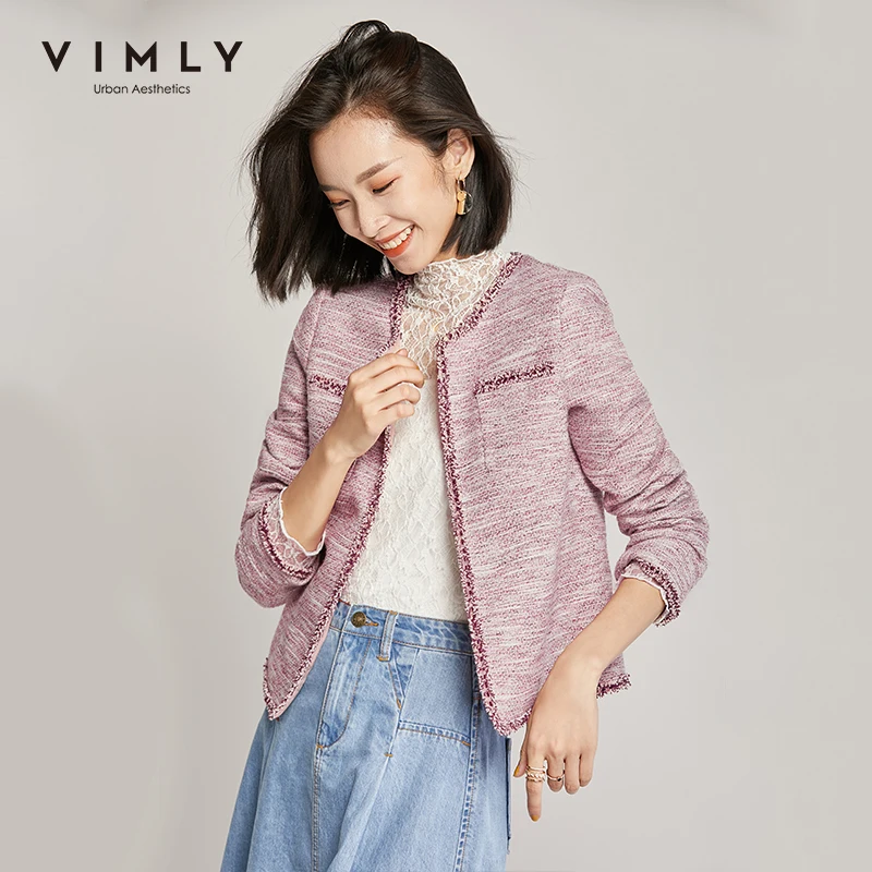 Vimly 2020 весна осень твидовая короткая шерстяная куртка элегантный круглый вырез длинный рукав карманы