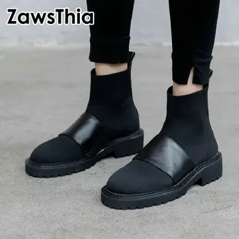 

ZawsThia 2020 winter autumn breathable air knit stretch fabric woman boots genuine leather strap women martin ankle boots bootie
