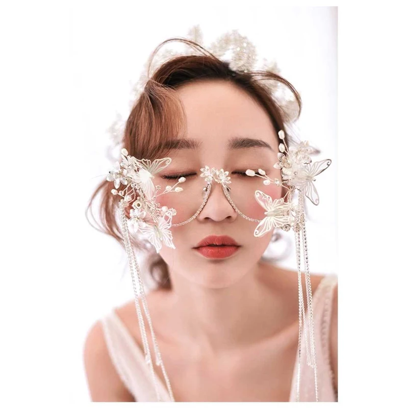 Preise Mode Lolita Fee Brillen Rahmen Schmetterling Gläser Headwear Perle Quasten Perle Kette Modell Zeigen Studio Foto Schießen Dekoration