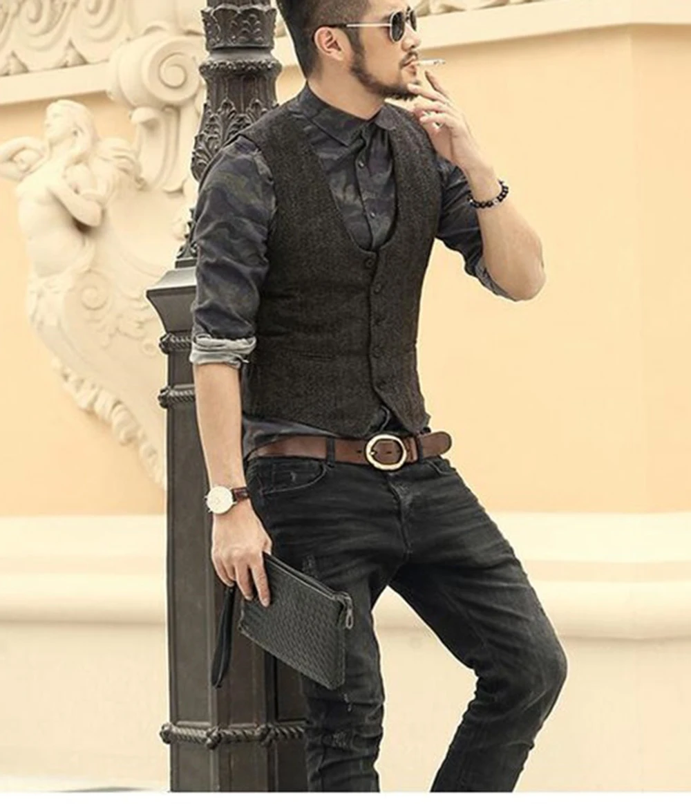 2022 Brown Men's Casual Herringbone Pattern Suit Vest Wool/Tweed Suit Vest U-neck Waistcoat Groomsmen For Wedding 3