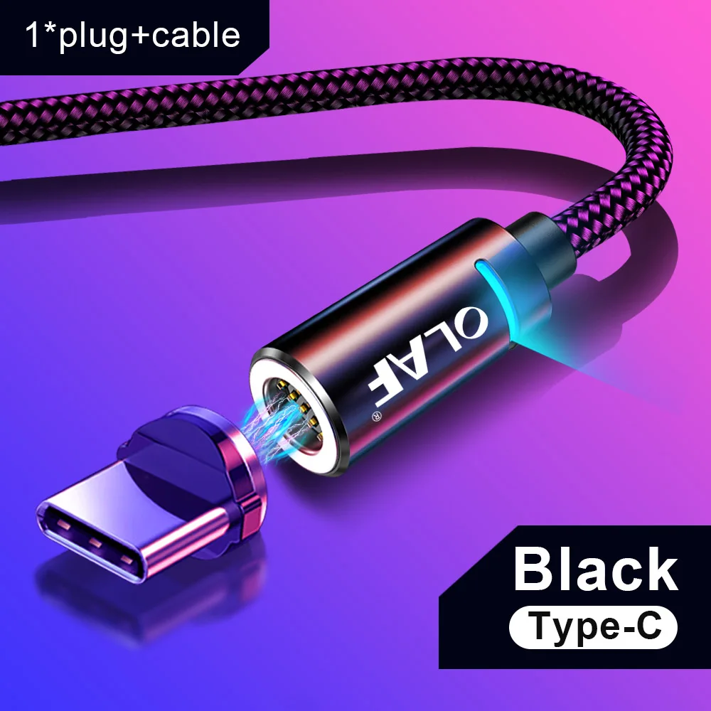 Олаф 2 м Магнитный кабель Micro usb type C для iPhone кабель освещения 1 м 3A провод для быстрого заряда type-C Магнитный кабель для зарядки телефона - Цвет: Black Type C