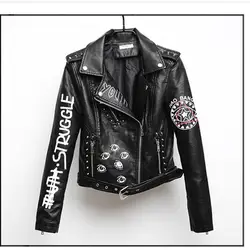 Женская куртка из искусственной кожи с буквенным принтом и заклепками; Осенняя новая куртка в стиле панк; Черная куртка из искусственной