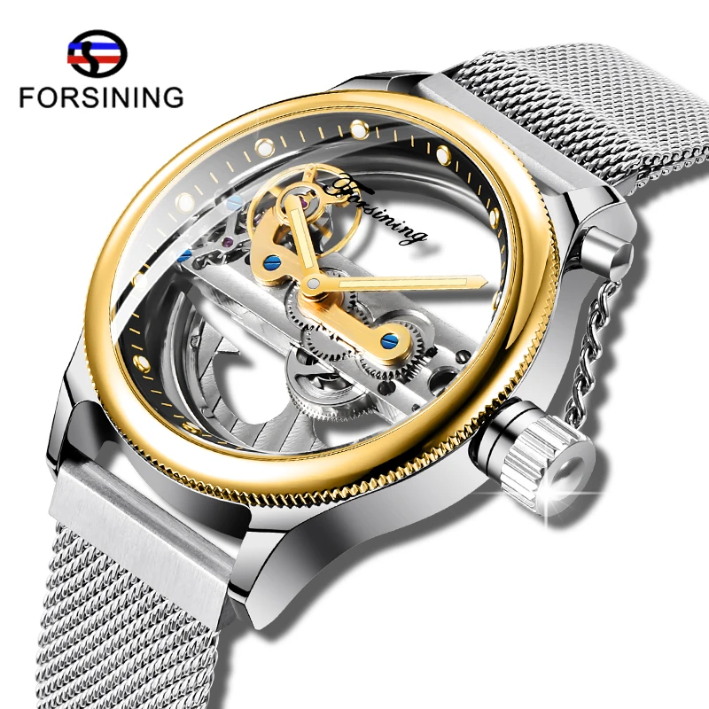 

Top Brand FORSINING Men Automatic Mechanical Watch Mesh Band Double Side Transparent Watch Openwork Luxury Male Waterproof Clock