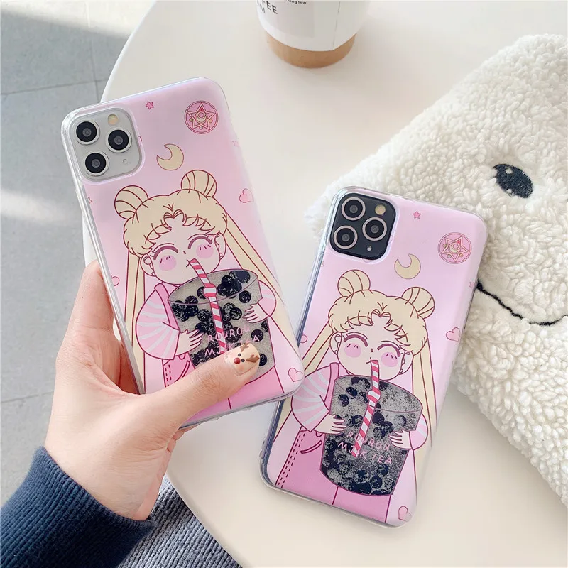 Милый чехол Сейлор Мун с пузырьками и чаем зыбучие пески для iPhone 11 11Pro XS Max X XR 8 7 plus, динамический жидкий Забавный мультяшный чехол для телефона, чехол