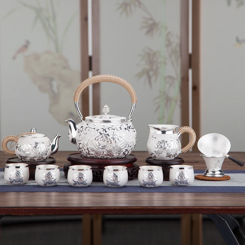 999 sterling silver tea set health care Jingdezhen porcelain tea pot pitcher cup 