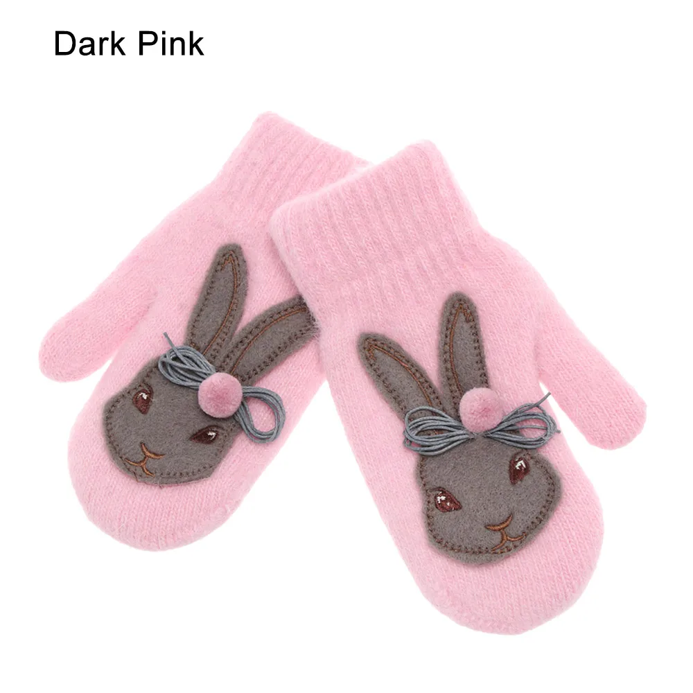 Модные детские милые перчатки из кролика с героями мультфильмов, зимние толстые теплые перчатки для девочек, милые шерстяные варежки с кроличьим мехом - Цвет: dark pink