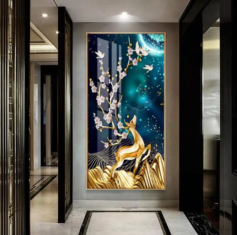 

Modern and simple entrance hall decoration painting elk wall painting living room corridor aisle vertical diamond hanging painti