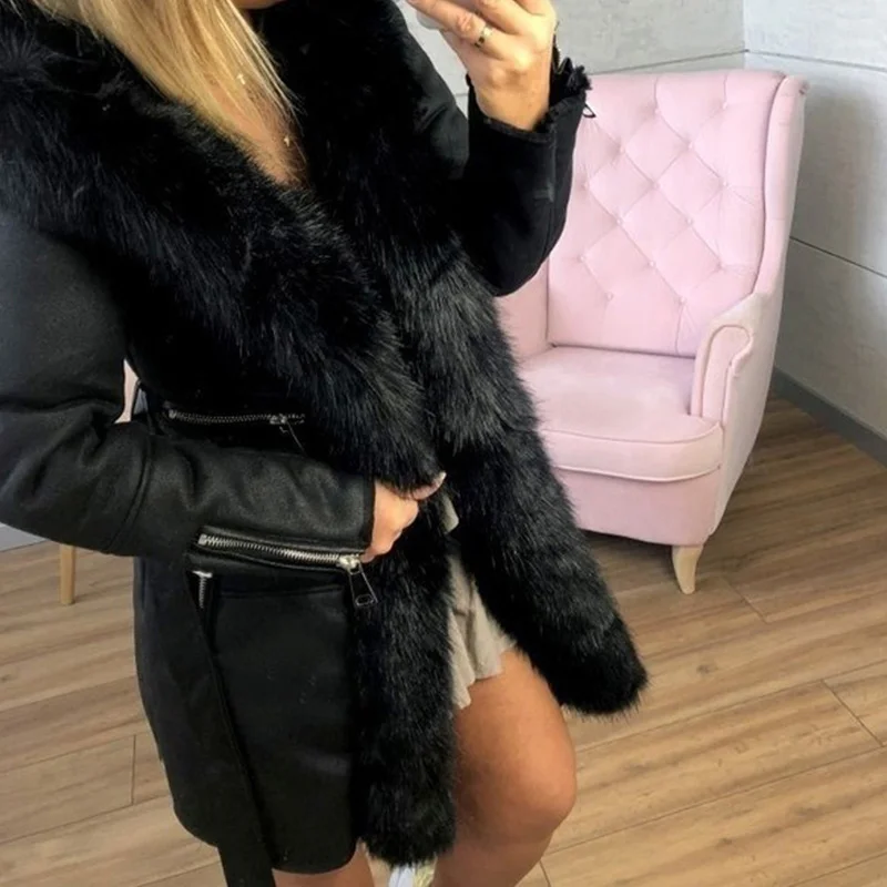 New ]Women Hoody Jackets Coats Mid-long Plush Collar Solid Belt Parkas Soft Fur Autumn Winter Jacket Outerwear Plus Size