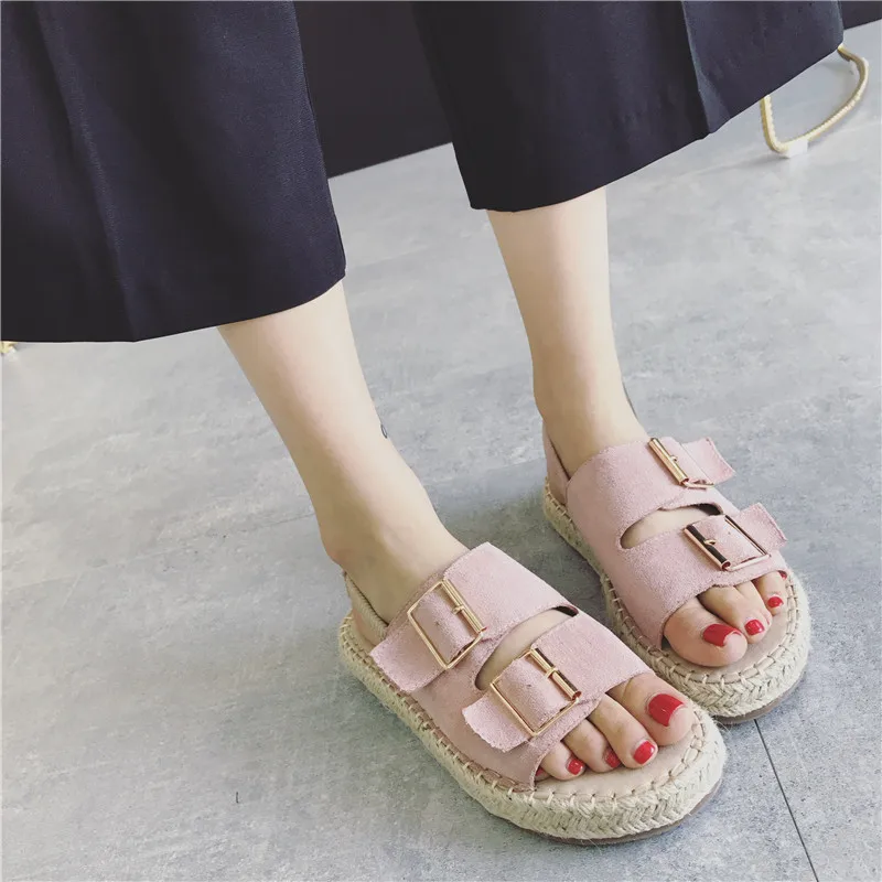 

Roman Style Woven Flax Thick Bottomed Casual Open Toe A- line with Sandals Slimming-Rubber Sole Belt Buckle WOMEN'S Shoes