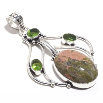 

Genuine Unakite + Peridot Pendant Silver Overlay over Copper , Hand made Women Jewelry gift, P9047