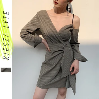 

Ladies Irregular Plaid Dress Women Belted Long Sleeve Irregular Fashion Sashes Waist Mini A-line Wrap Dresses Female