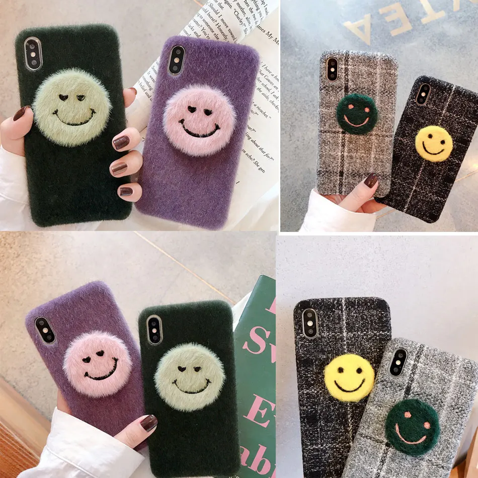 

Luxury Villus Fur Case For iPhone 7 cover fundas iphone 8plus X XR XSMAX 3D smiling face Cover Phone Bag Plush For iPhone 11 pro Max Cases