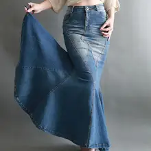 Новинка, женские джинсовые юбки с большим рыбьим хвостом, длинные юбки с высокой талией, джинсовые юбки в пол